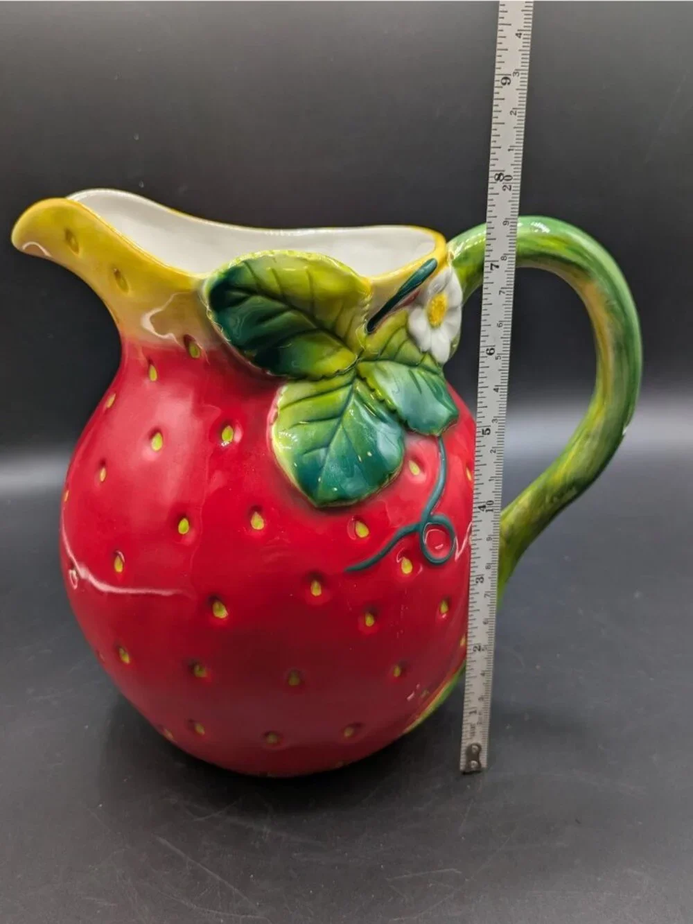 Sur La Table Ceramic Strawberry Shaped Pitcher Water Lemonade Red Green 7.5